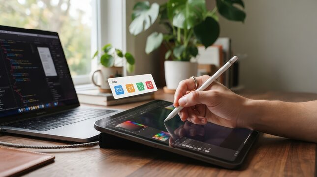 A designer working on a tablet with a stylus in a bright home office setup