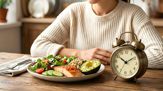 A classic alarm clock placed prominently on a wooden table represents the scheduled eating window and waiting period, conveying mindful eating, time-restricted eating, nutrition planning.
