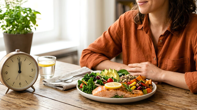 A classic alarm clock placed prominently on a wooden table represents the scheduled eating window and waiting period, conveying mindful eating, time-restricted eating, nutrition planning.
