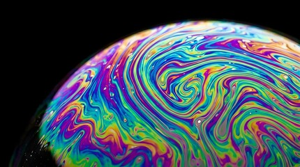 Obraz premium Iridescent soap bubble surface displays swirling rainbow colors with intricate fluid patterns captured in a vibrant macro photography style shot