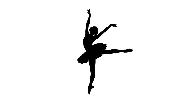 Ballerina Silhouette Performing Graceful Arabesque Ballet Pose On Isolated White Background