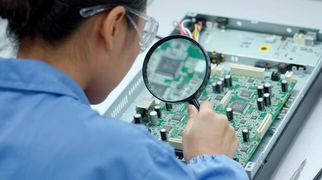 Woman electronics technician examines a circuit board with a magnifying glass, moving from component inspection to detailed testing and precision repair