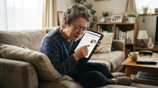 An elderly woman sitting on a couch, holding a tablet with a news article on it, in a cozy living room with a beige couch, wooden coffee table, and bookshelf in the background.