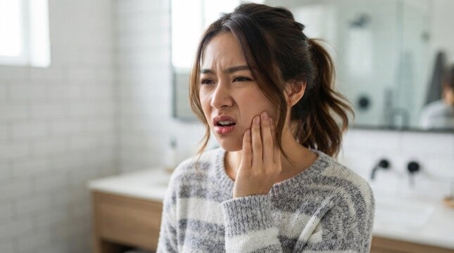 A woman in a striped sweater, holding her cheek, standing in a bathroom with a mirror and tiled walls.