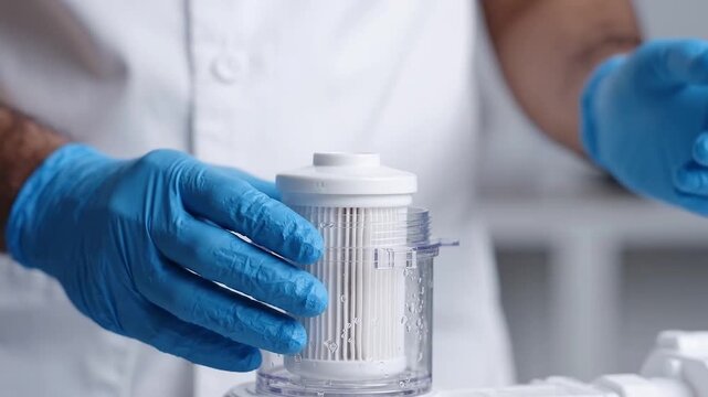 Laboratory technician assembles a cylindrical filter cartridge inside a transparent housing, demonstrating sterile sample preparation, liquid filtration
