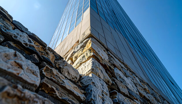 Low Angle View of Modern Skyscraper Architecture with Stone Foundation Wall Against Clear Blue Sky