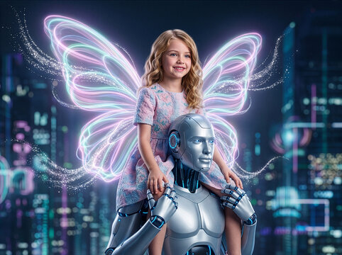 A happy little girl with glowing neon butterfly fairy wings sitting on the shoulders of a friendly silver humanoid robot in a futuristic night city