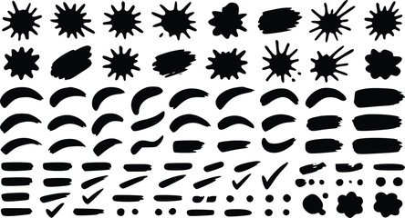 Fototapeta premium Versatile collection of black ink vector splash shapes and grunge brush strokes isolated on white for artistic design project layouts