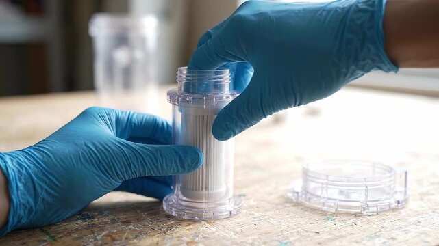 Gloved laboratory technician inserts a filter cartridge into a clear sample tube during a sterile scientific preparation process
