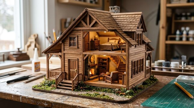 A meticulously crafted wooden dollhouse with a rustic, mountain cabin design, complete with a cozy interior, a fireplace,