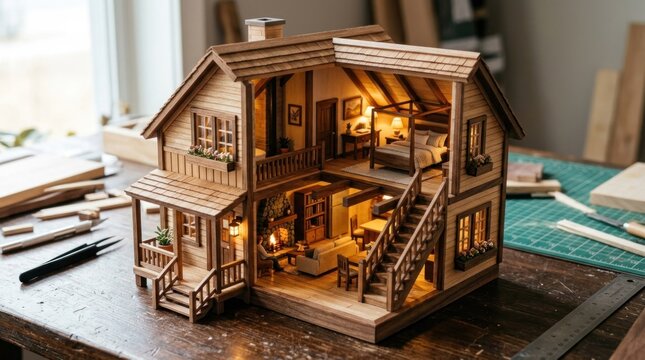 A beautifully crafted wooden dollhouse with intricate details,