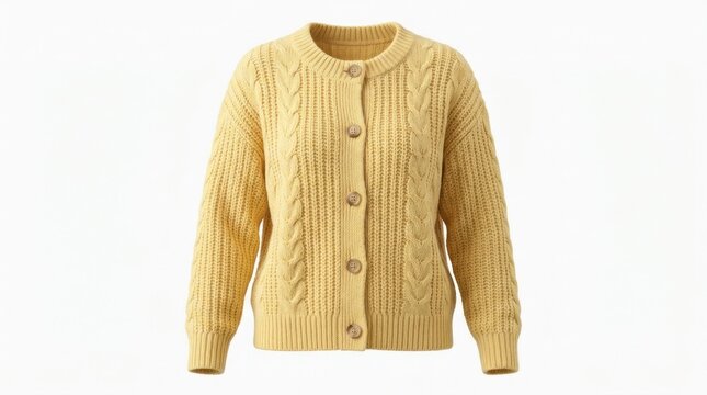A yellow cable knit cardigan with a round neckline and button closure, displayed against a white background.