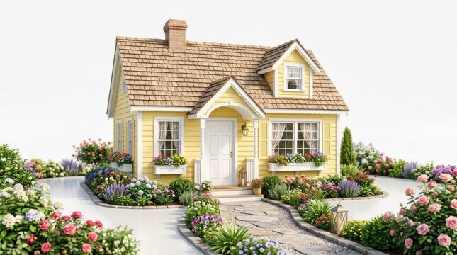 A charming yellow cottage with a white door and shutters, surrounded by a lush garden of flowers and shrubs, set against a white background with a soft, diffused light source.