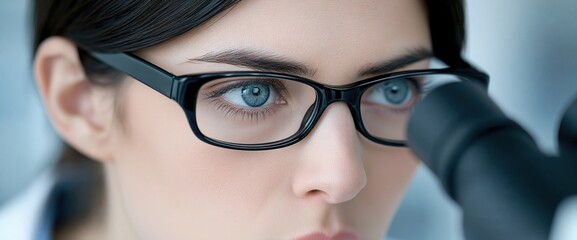 Fototapeta premium A young female scientist wearing glasses looks through a microscope in a laboratory setting