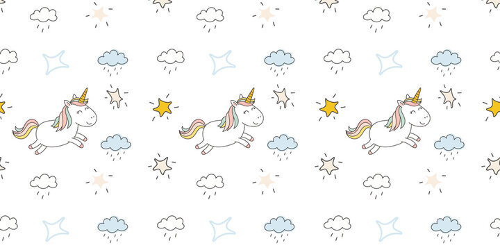 Whimsical unicorns running with clouds and stars in a seamless pattern