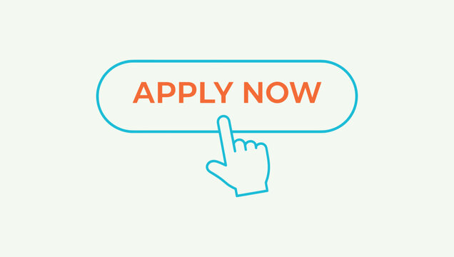 Apply now button design with bold orange text and blue hand cursor symbolizing online application call to action branding