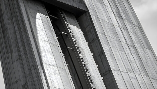 Black and white low angle view of an impressive modern skyscraper with geometric lines and light reflections