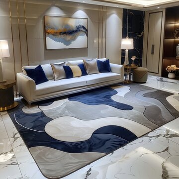 The exquisite rug adds a touch of modern elegance to this living room, complementing the sofa and the overall design scheme with style and sophistication