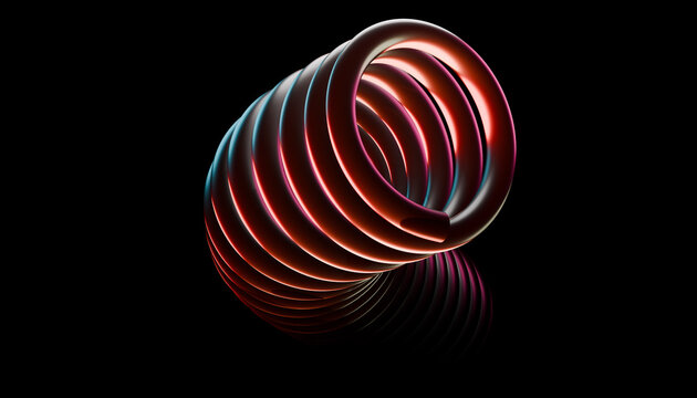 Compact red 3D coil reflected on a black floor