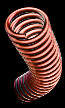 Metallic copper 3D coil bending upward on black