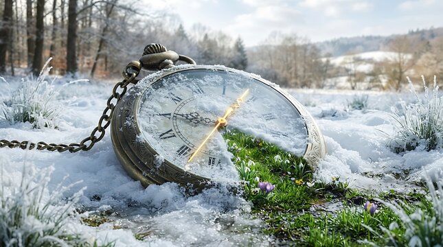 An antique pocket watch lying in the snow with green grass emerging from the dial.