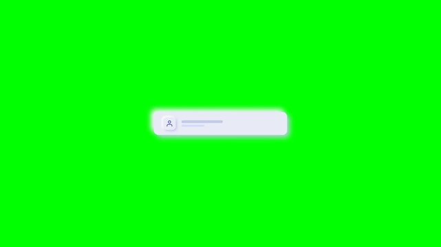Glassmorphism social media profile notification bubble animation on chroma key green screen background