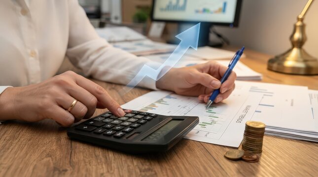 Financial Analyst Using Calculator and Reviewing Growth Charts for Business Strategy Planning