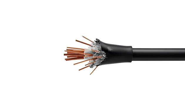 Damaged electrical cable with exposed copper wires and torn insulation.