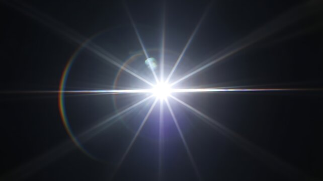 A bright white starburst effect on a black background creates a dramatic lighting flare with intense rays and colorful optical distortion rings