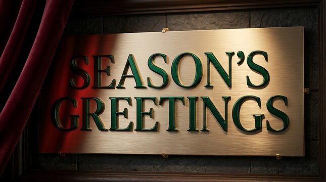 Elegant seasons greetings sign with gold metal texture and dark green lettering