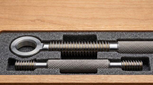 Macro commercial still life of hardened alloy tool steel thread ring gauge and double ended thread plug gauge set nestled inside protective foam wood case for machine part inspection