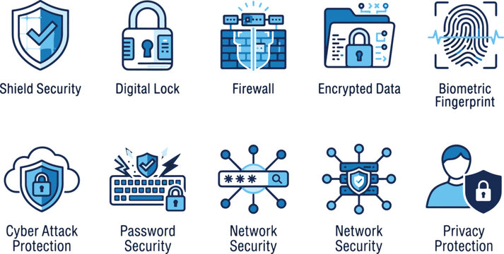 Cyber security and data protection line icon set. Includes shield security, digital lock, firewall, encrypted data, and biometric fingerprint. Blue outline vector symbols for IT security.