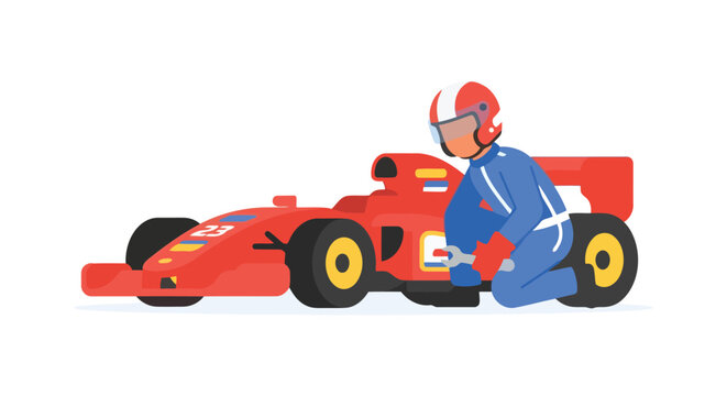 Formula one race car with driver flat vector illustration on white background