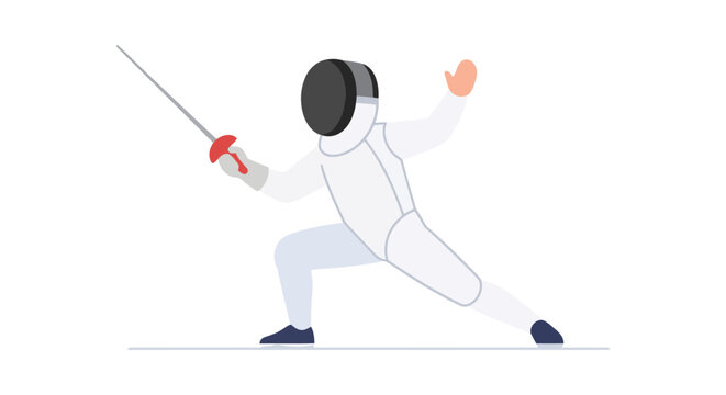 Fencer in white uniform prepares for a bout flat vector illustration
