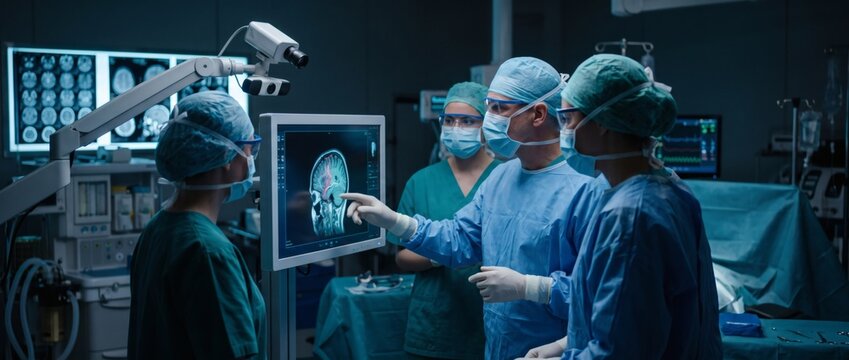 Surgical team in dark operating room looking at large digital endoscopic video monitors during surgery. Clinical laparoscopic specialists performing minimally invasive surgery on patient.