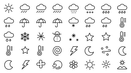 Fototapeta premium Minimalist Weather Forecast Icon Set Featuring Sun Rain Clouds Snow Temperature and Wind Elements for User Interface Design