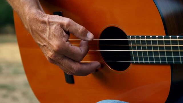 Weathered hand fingerpicks acoustic guitar strings beside round sound hole, repeating gentle plucking motions across warm orange wooden body in tight outdoor close-up