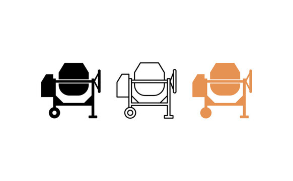 Concrete mixer icon set in three styles, cement mixer machine vector symbols, construction equipment graphic design elements for building industry