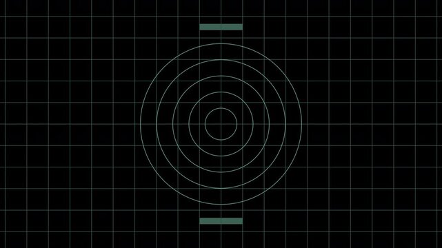 military secret radar spy tracker electronic device heads up display screen with radiating ping radius sonar and moving rectangular digital blocks on a navigation chart map grid 4K animation