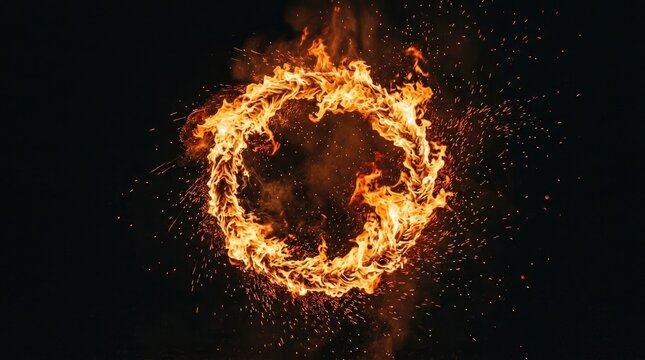 A bright circular fire ring creating a dynamic light effect isolated against a deep black background
