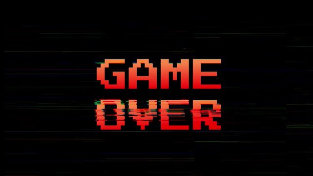 game over gradient orange with pixel text glitch effect and random potition.