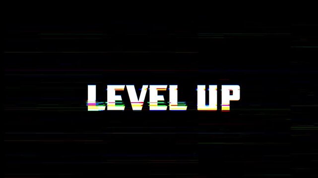 Glitchy level up text message digital gaming background with neon white pixelated font style. Suitable for gaming website backgrounds.