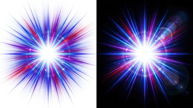 Abstract glowing starburst with a bright blue and purple light effect isolated on white and black backgrounds