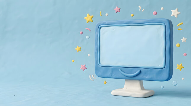 A claymation blue desktop computer with a blank screen, surrounded by colorful stars and playful shapes.
