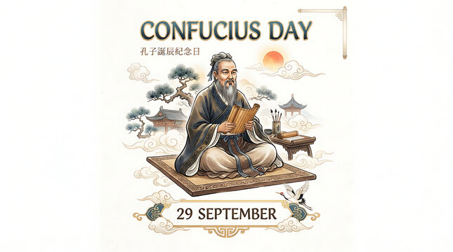 In traditional Chinese painting style, Confucius sits cross-legged on a woven mat in robes with a long beard, holding an open scroll, before curved-roof Chinese buildings and stylized clouds 
