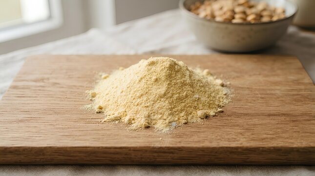 Ground Lupin Flour Heap on Wooden Board: High-Protein Low-Carb Keto Baking Ingredient