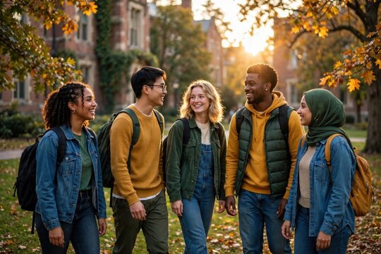 Diverse group of university students walking and talking on a college