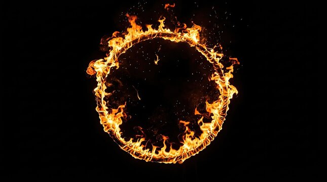 A vibrant circular fire ring isolated on black background creating a dynamic and intense glowing light effect