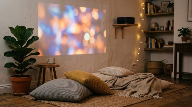 Cozy Room Entertainment Setup With Projector and Ambient Lights