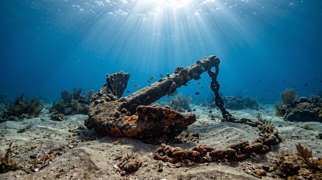 Rusty vintage anchor on sandy ocean floor with tropical sunbeams